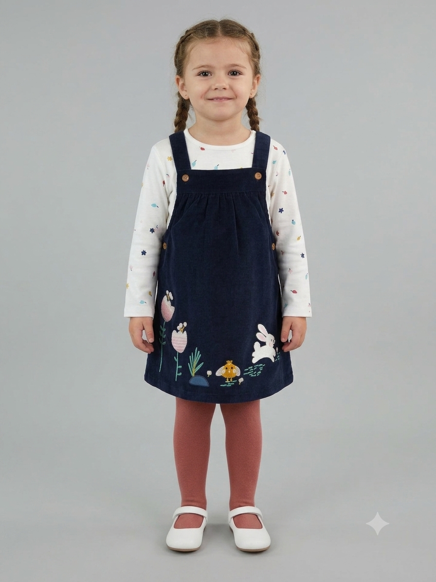 Vestido Peto "Little Bunny Garden" – Azul Marino 🐰🌸
